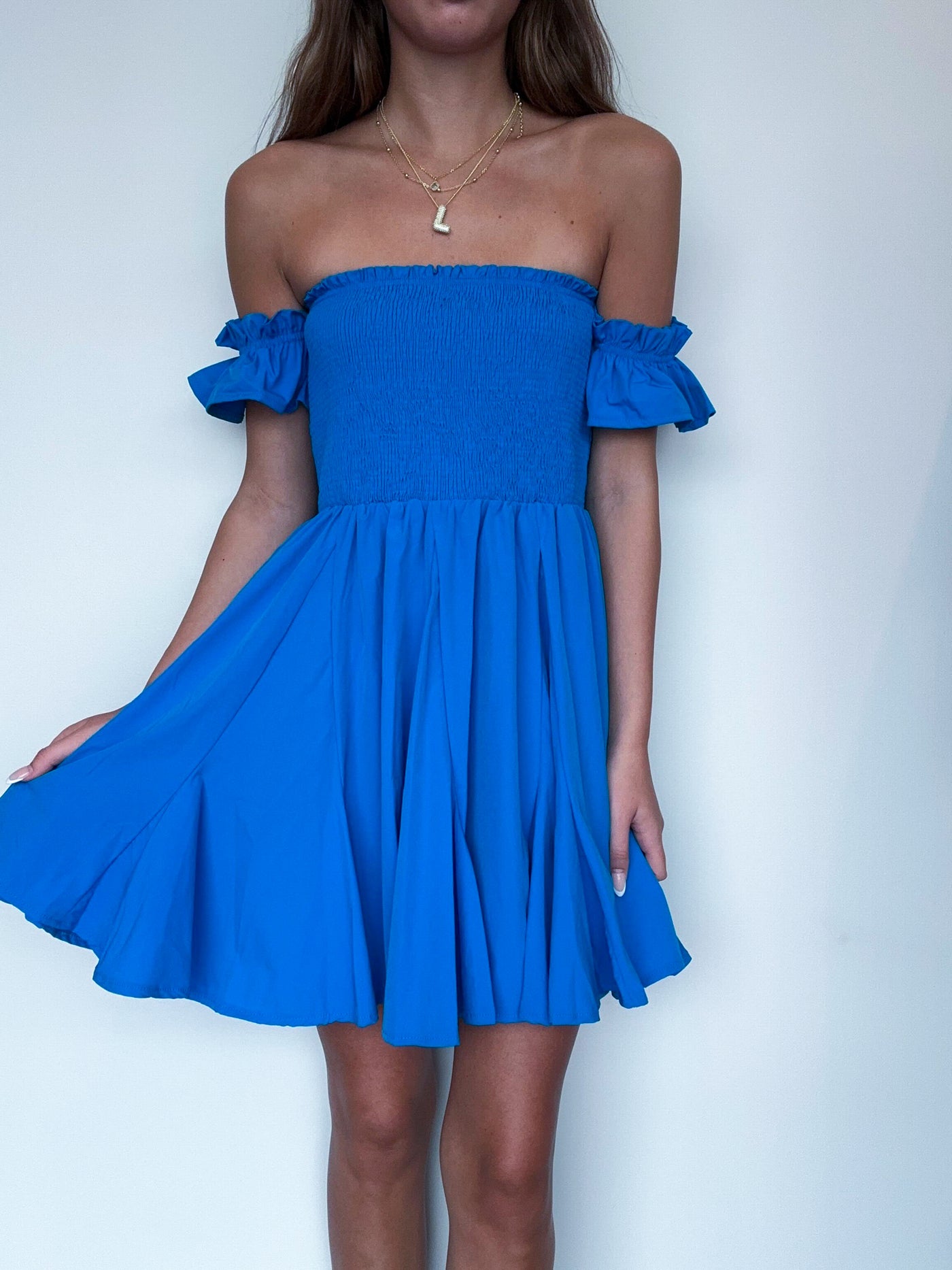 Smocked Off The Shoulder Mini Dress-170 - DRESSES / ROMPERS / SETS-GLAM-[option4]-[option5]-[option6]-Leather & Lace Boutique Shop