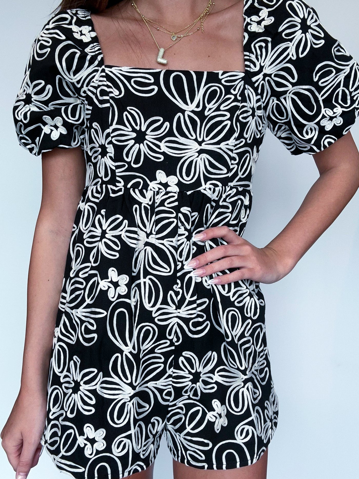 Floral Velvet Denim Romper- Black-170 - DRESSES / ROMPERS / SETS-MAIN STRIP-[option4]-[option5]-[option6]-Leather & Lace Boutique Shop