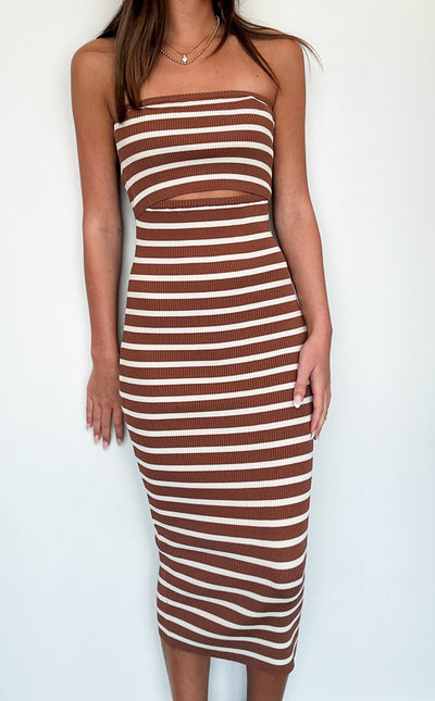 Olivia Mocha Stripe Midi Dress-170 - DRESSES / ROMPERS / SETS-EVENUEL-[option4]-[option5]-[option6]-Leather & Lace Boutique Shop
