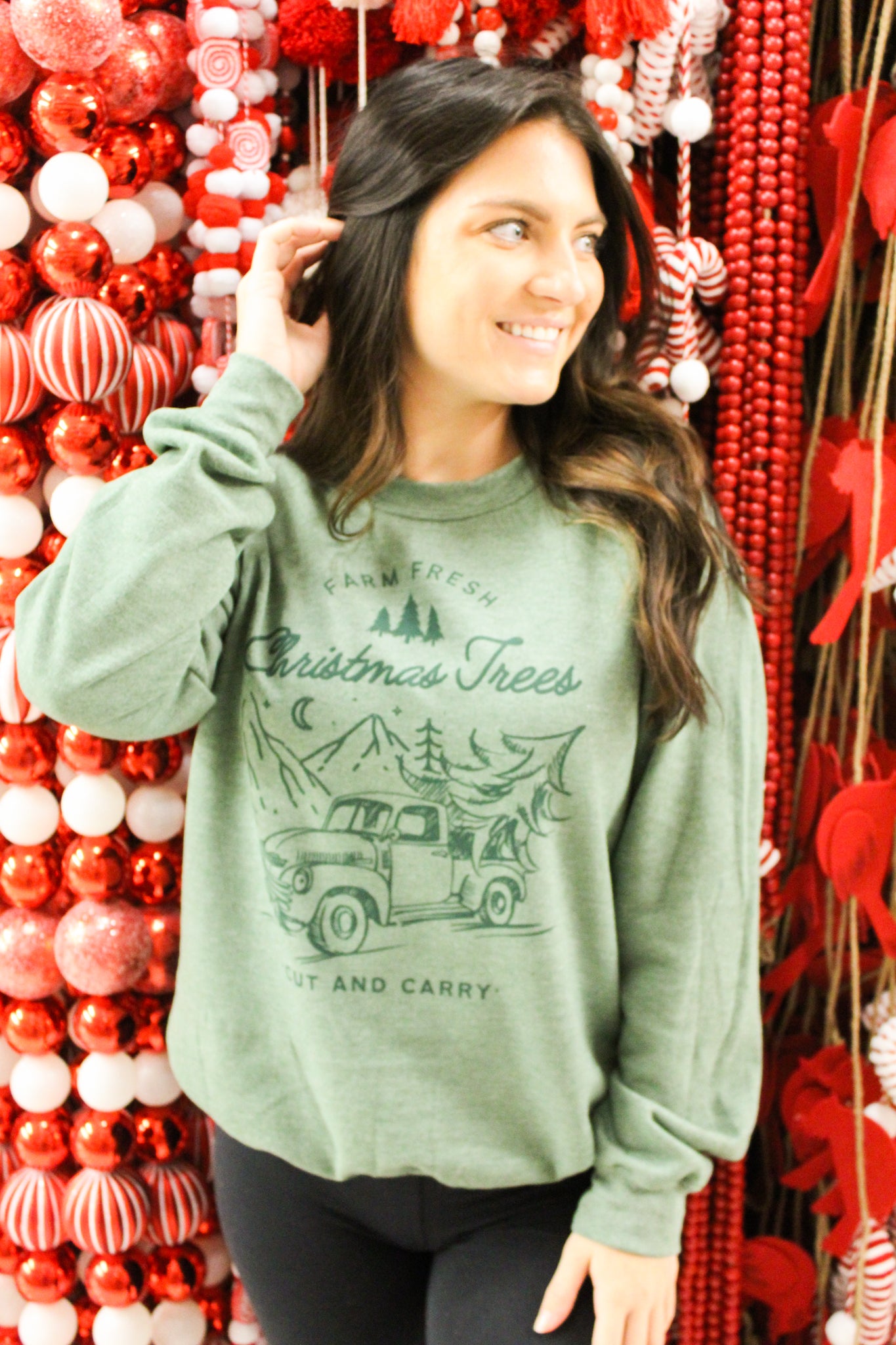 Farm Fresh Christmas Trees Graphic Sweatshirt - Dark Green-135 - DEMAND GRAPHIC-LEATHER & LACE-[option4]-[option5]-[option6]-Leather & Lace Boutique Shop