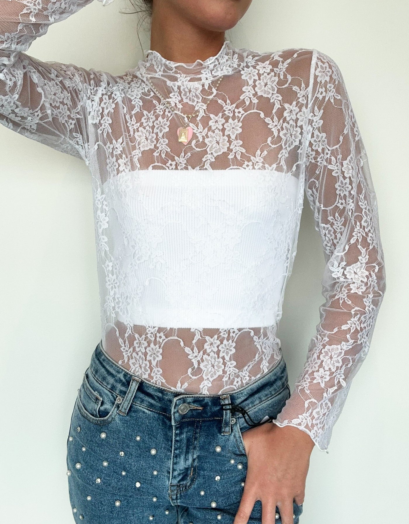 Sheer Lace Layering Top- White-110 - TOPS - LONG SLEEVE-JADE BY JANE-[option4]-[option5]-[option6]-Leather & Lace Boutique Shop