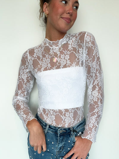 Sheer Lace Layering Top- White-110 - TOPS - LONG SLEEVE-JADE BY JANE-[option4]-[option5]-[option6]-Leather & Lace Boutique Shop