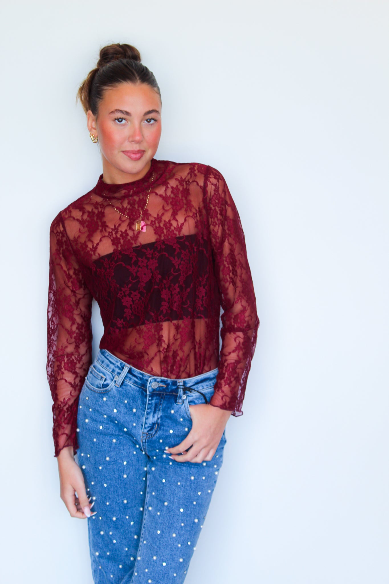 Sheer Lace Layering Top- Crimson-110 - TOPS - LONG SLEEVE-JADE BY JANE-[option4]-[option5]-[option6]-Leather & Lace Boutique Shop