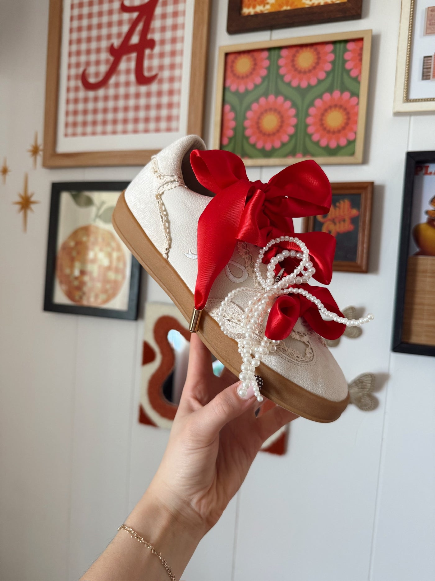 Crimson & White Triple Bow Sneakers-180 - SHOES-MIIM-[option4]-[option5]-[option6]-Leather & Lace Boutique Shop