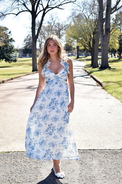 Classic Cut Out Blue Floral Maxi Dress-170 - DRESSES-BLU PEPPER-[option4]-[option5]-[option6]-Leather & Lace Boutique Shop