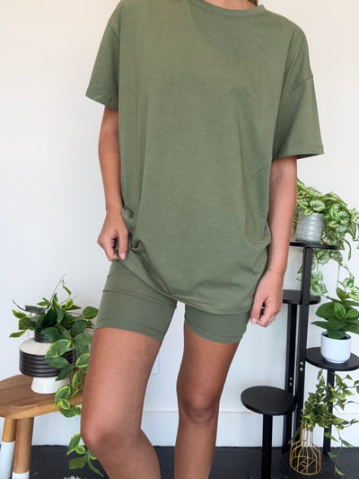 LLB Exclusive: Laidback Luxe Tee & Bike Short Set - Olive Green-170 - SETS-LEATHER & LACE-[option4]-[option5]-[option6]-Leather & Lace Boutique Shop