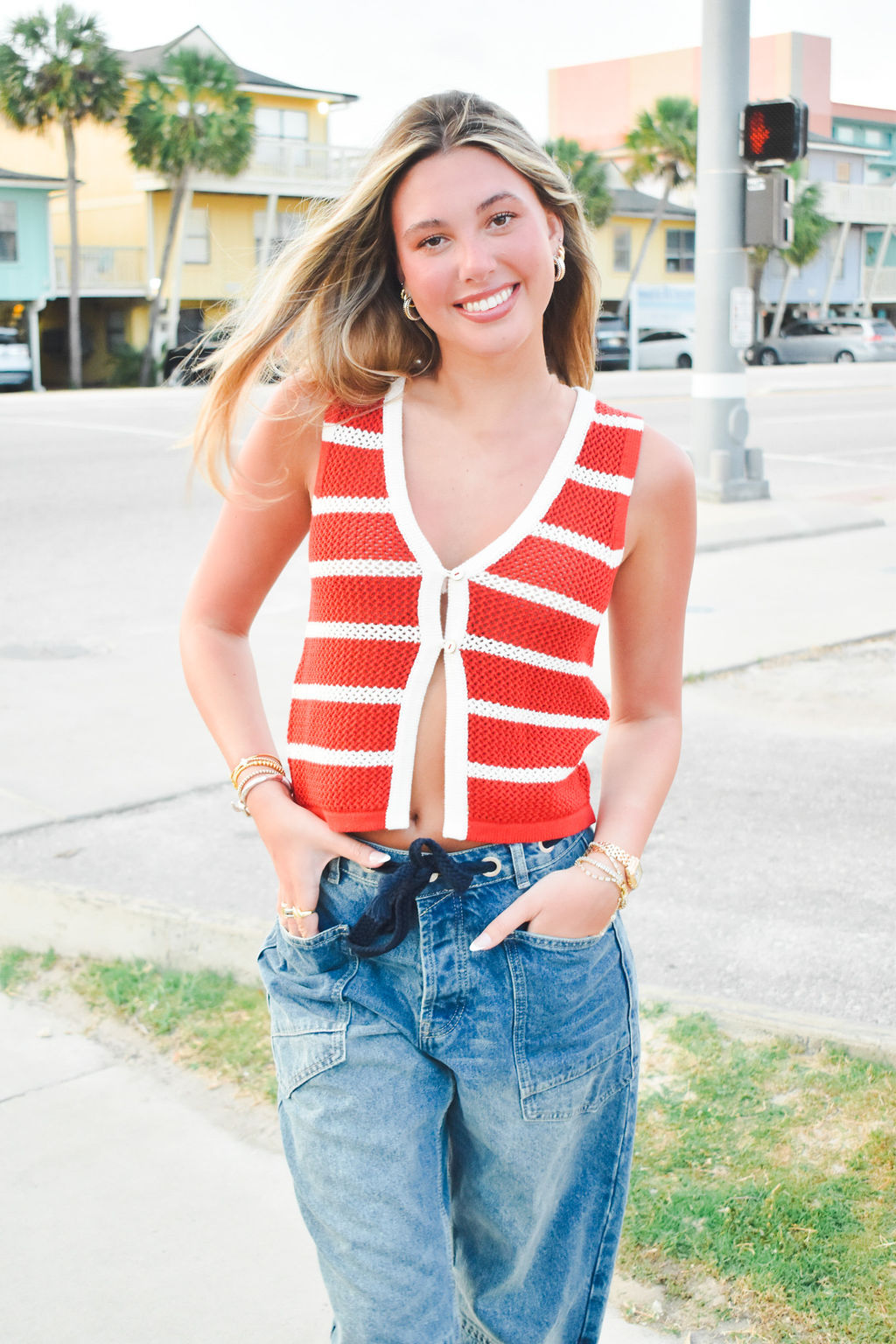 Striped V-Neck Button Up Top- Red-100 - TOPS - SHORT SLEEVE/SLEEVELESS-BLU PEPPER-[option4]-[option5]-[option6]-Leather & Lace Boutique Shop