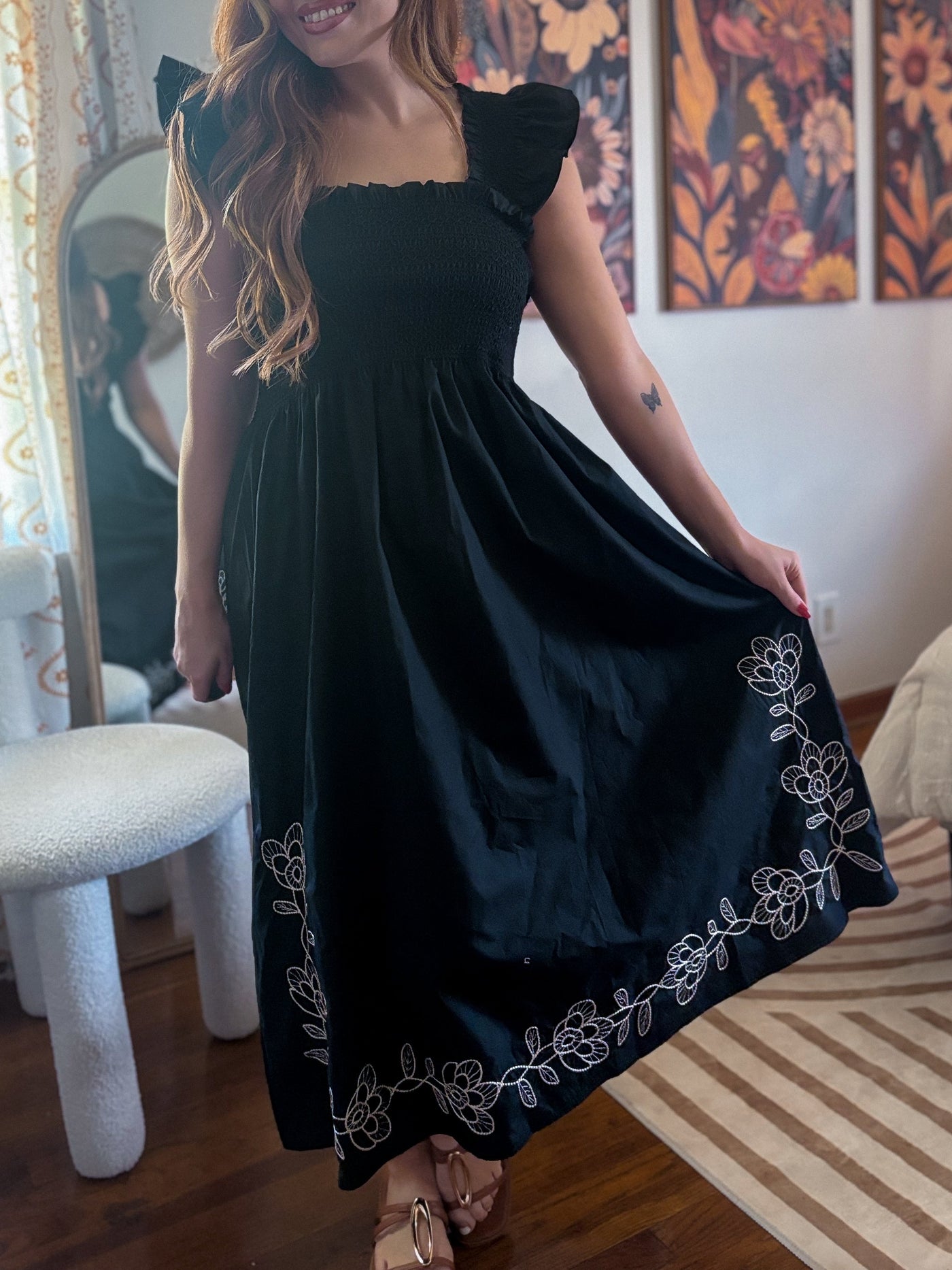 black smocked midi dress Sea NYC black smocked midi dress ruffled Coquette puffed lined sl Gothic  Nwts