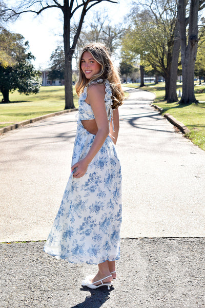 Classic Cut Out Blue Floral Maxi Dress-170 - DRESSES-BLU PEPPER-[option4]-[option5]-[option6]-Leather & Lace Boutique Shop