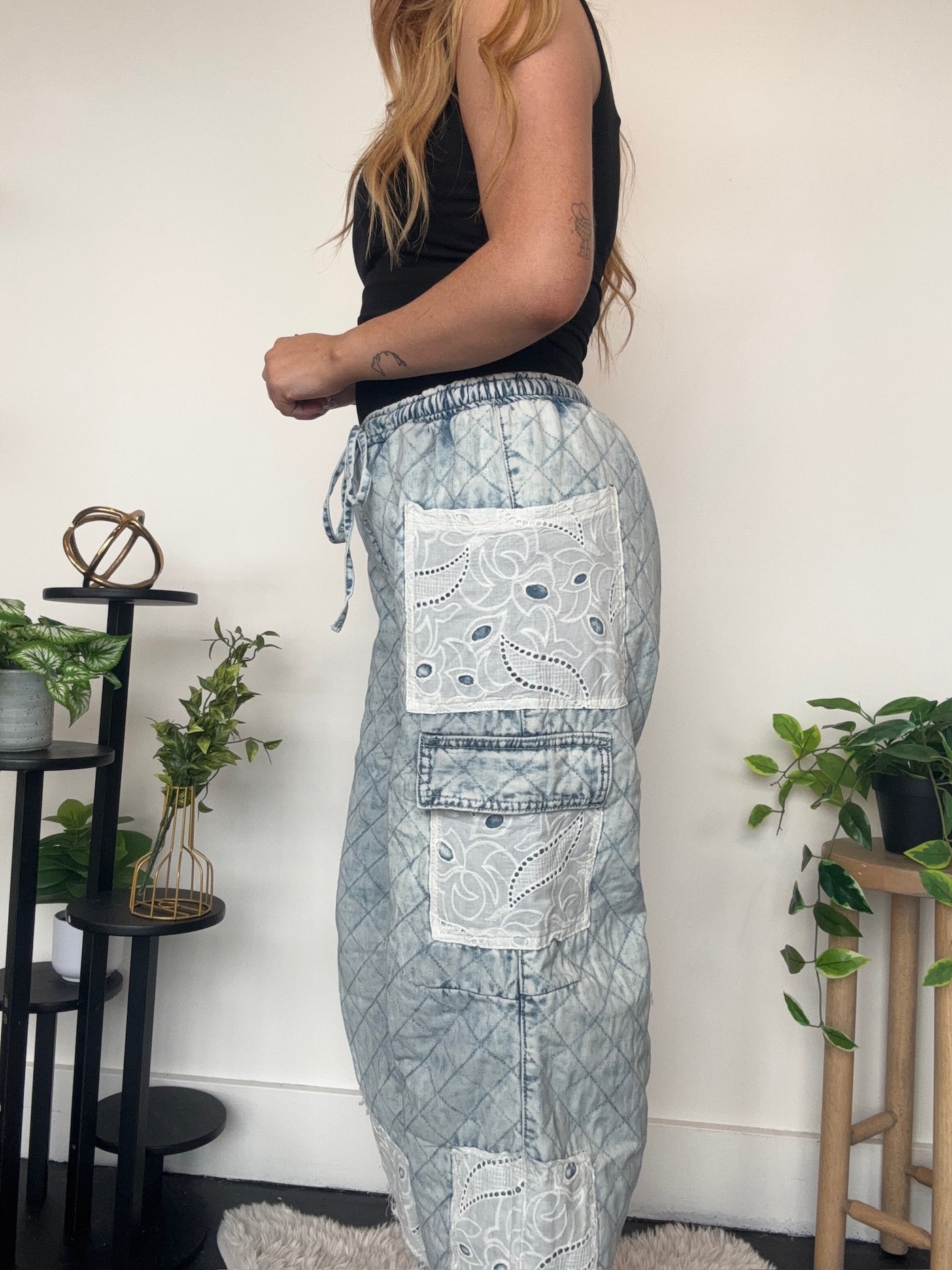 Quilted Denim Joggers-160 - BOTTOMS - OTHER-POL-[option4]-[option5]-[option6]-Leather & Lace Boutique Shop