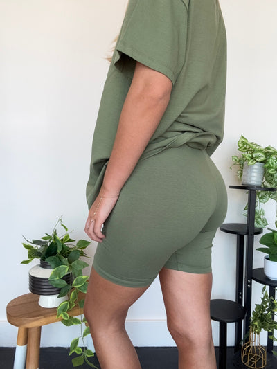 LLB Exclusive: Laidback Luxe Tee & Bike Short Set - Olive Green-170 - SETS-LEATHER & LACE-[option4]-[option5]-[option6]-Leather & Lace Boutique Shop