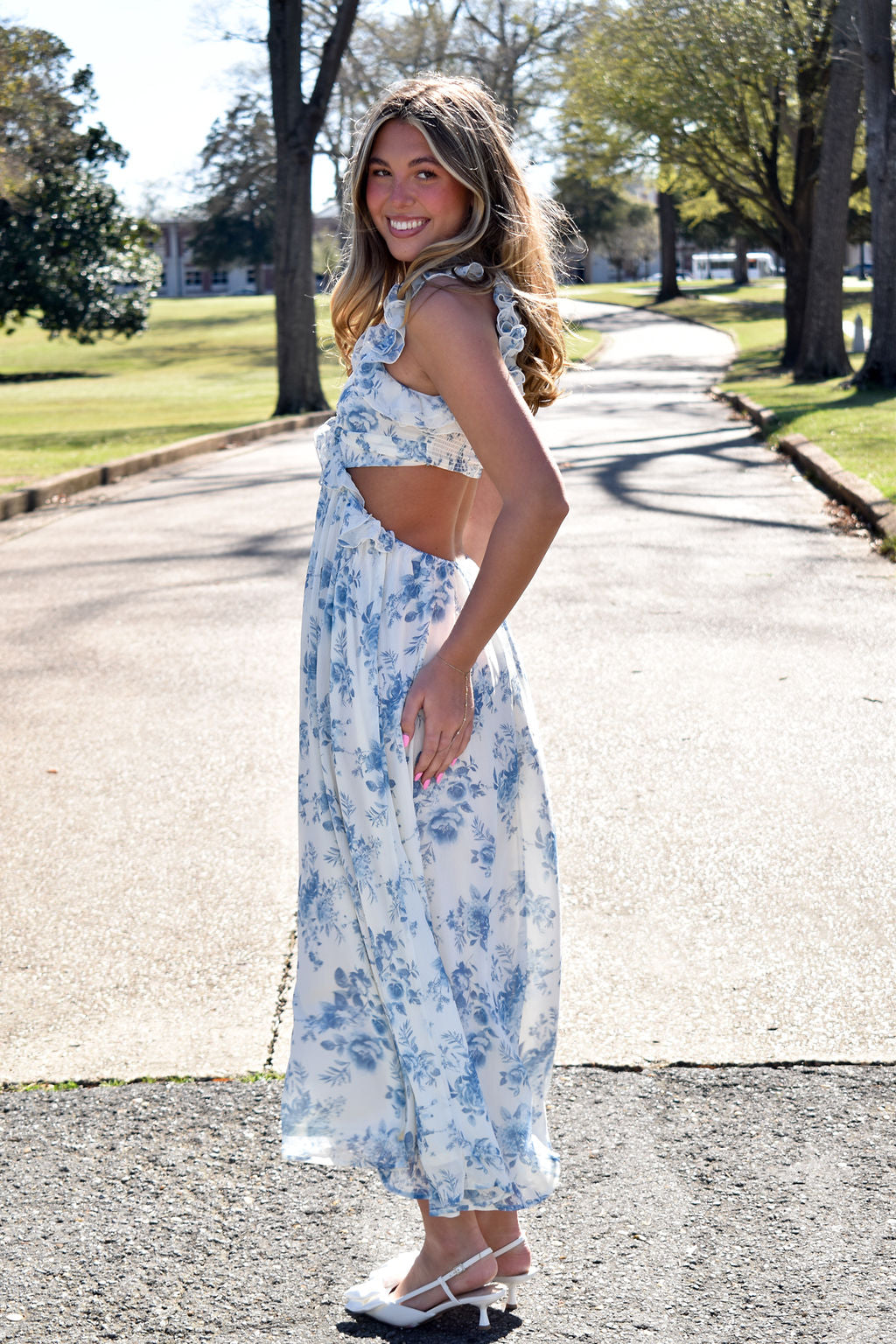 Classic Cut Out Blue Floral Maxi Dress-170 - DRESSES-BLU PEPPER-[option4]-[option5]-[option6]-Leather & Lace Boutique Shop
