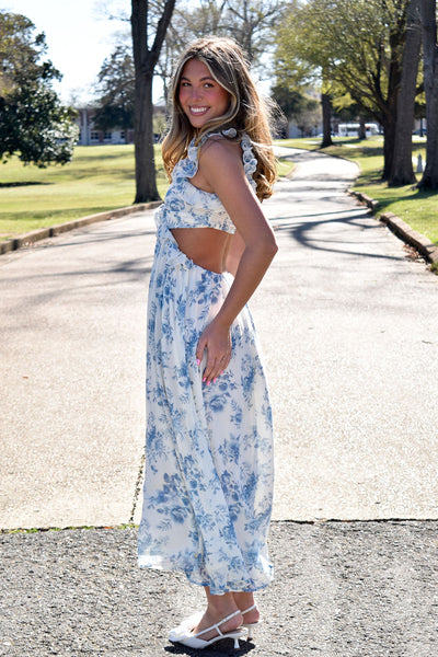Classic Cut Out Blue Floral Maxi Dress-170 - DRESSES-BLU PEPPER-[option4]-[option5]-[option6]-Leather & Lace Boutique Shop