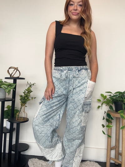 Quilted Denim Joggers-160 - BOTTOMS - OTHER-POL-[option4]-[option5]-[option6]-Leather & Lace Boutique Shop