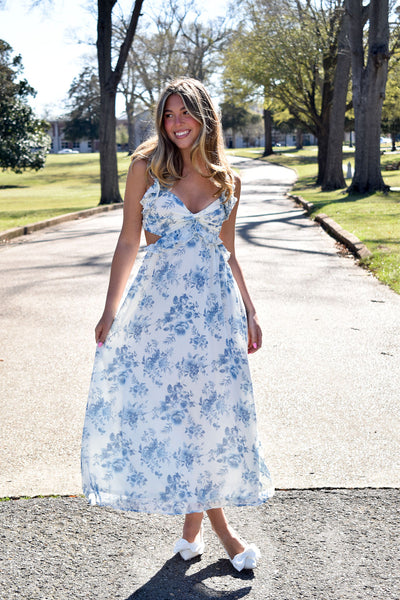Classic Cut Out Blue Floral Maxi Dress-170 - DRESSES-BLU PEPPER-[option4]-[option5]-[option6]-Leather & Lace Boutique Shop