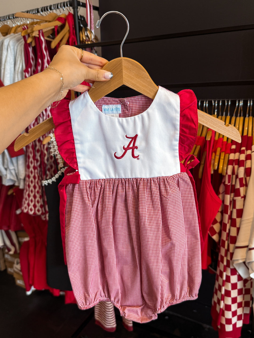 Girls Infant Vive La Fete Crimson Alabama Tide Gingham Puffy Bubble Dress