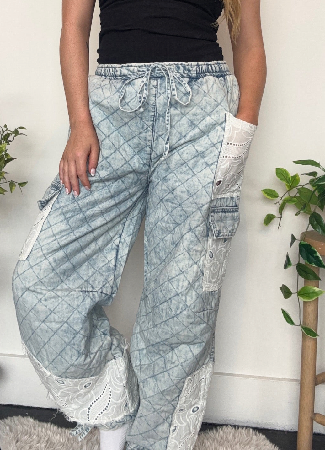 Quilted Denim Joggers-160 - BOTTOMS - OTHER-POL-[option4]-[option5]-[option6]-Leather & Lace Boutique Shop