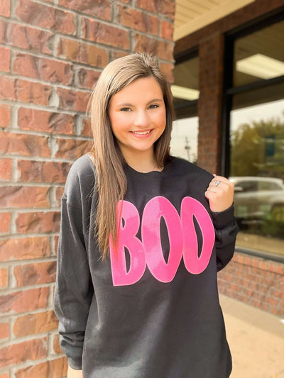 Boo Babe Sequin Sweatshirt - Pink on Black-135 - DEMAND GRAPHIC-LEATHER & LACE-[option4]-[option5]-[option6]-Leather & Lace Boutique Shop