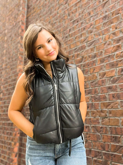 Faux Leather High Neck Puffer Vest - Black-140 - TOPS - LAYERS/OUTERWEAR-UP CLOTHING-[option4]-[option5]-[option6]-Leather & Lace Boutique Shop