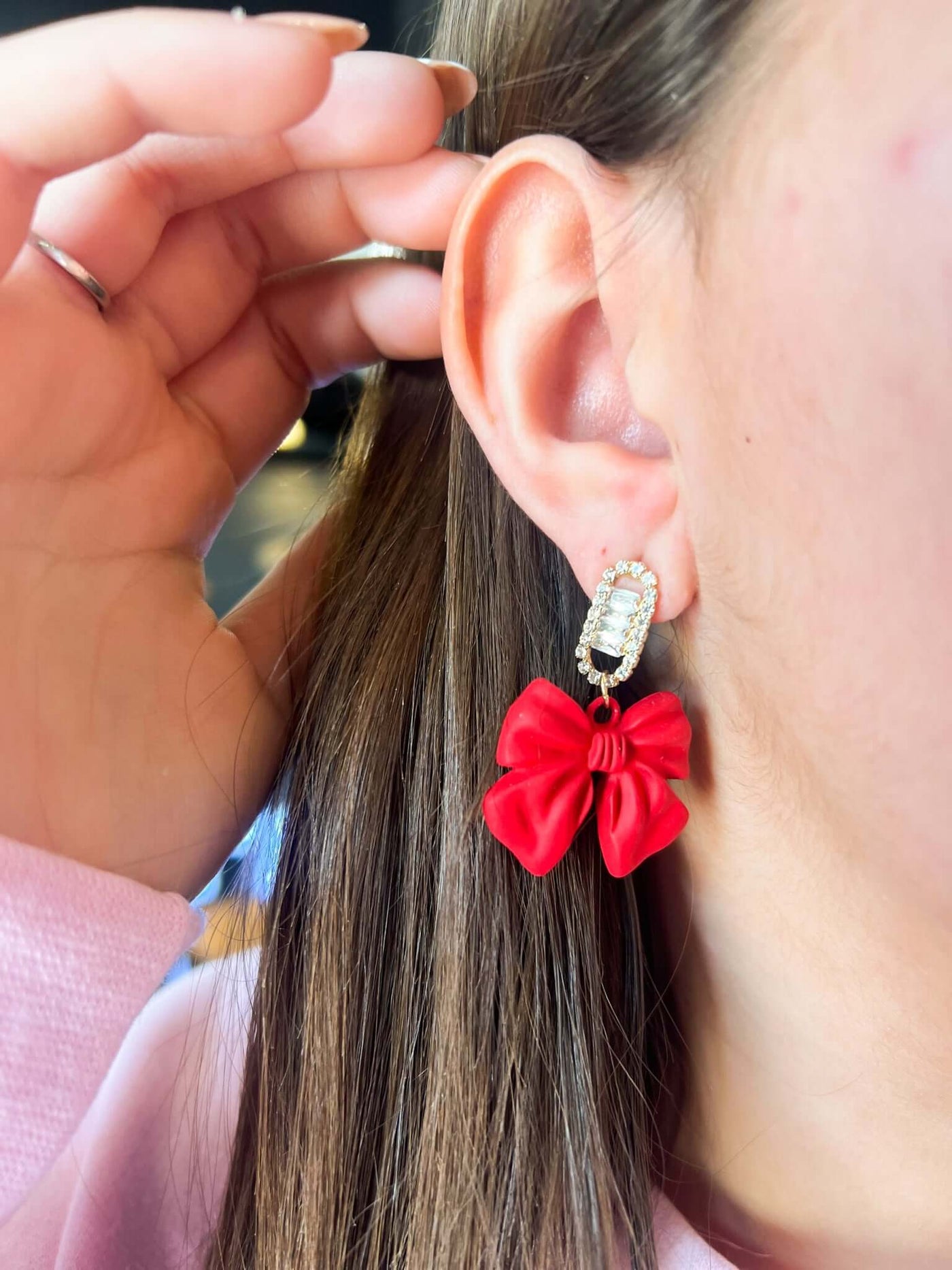Red Glitzy Bow Earrings-190 - ACCESSORIES - JEWELRY-MARY KATHRYN DESIGN-[option4]-[option5]-[option6]-Leather & Lace Boutique Shop