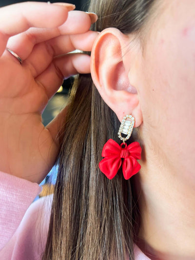 Red Glitzy Bow Earrings-190 - ACCESSORIES - JEWELRY-MARY KATHRYN DESIGN-[option4]-[option5]-[option6]-Leather & Lace Boutique Shop
