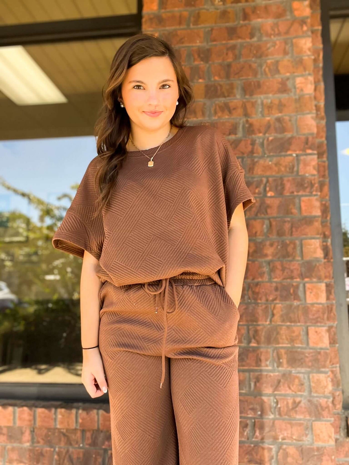 Textured Tee & Pants Set- Brown-170 - DRESSES / ROMPERS / SETS-FULL TIME PURCHASE-[option4]-[option5]-[option6]-Leather & Lace Boutique Shop