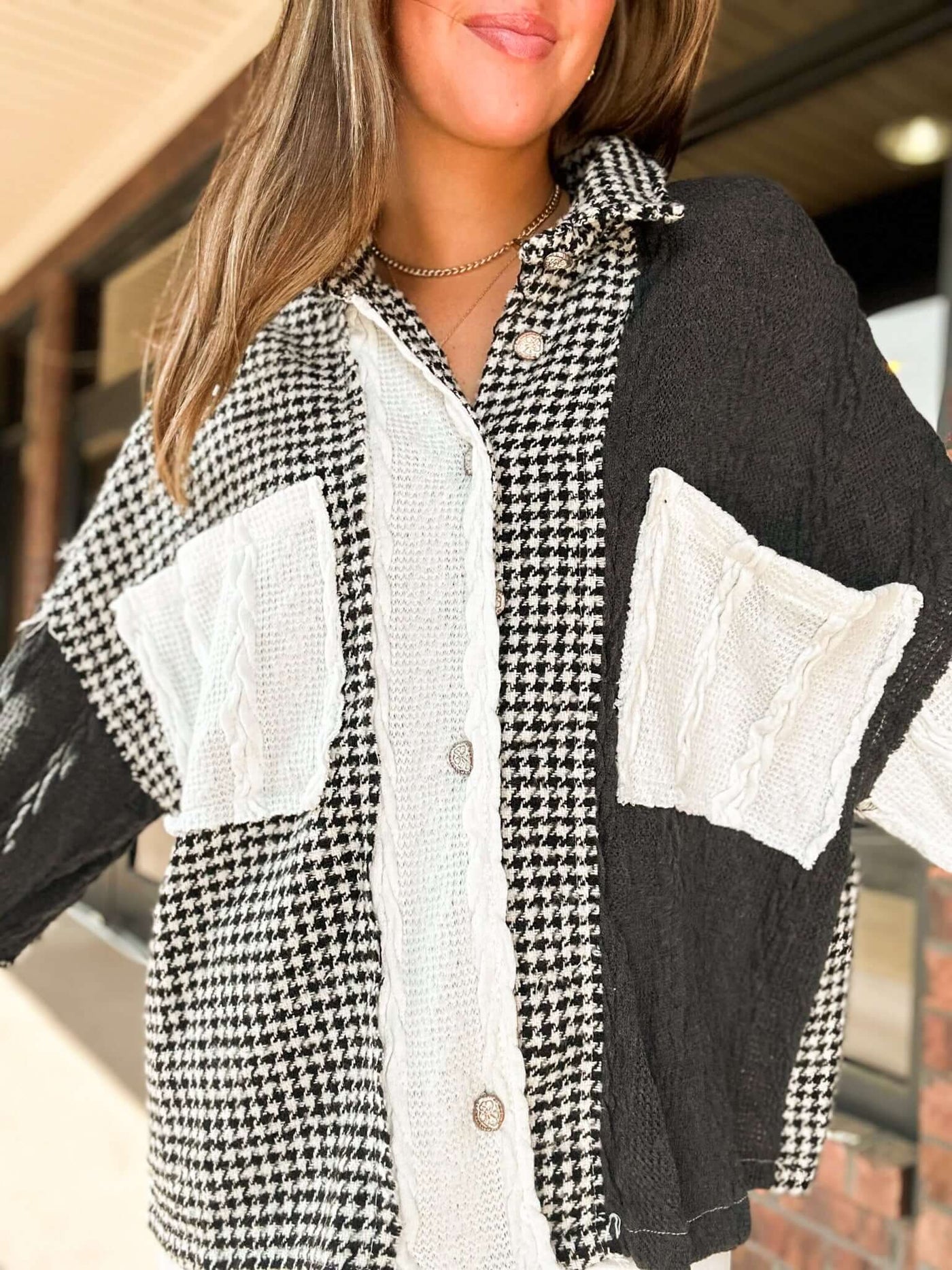 Houndstooth Mixed Textile Shacket-140 - TOPS - LAYERS/OUTERWEAR-POL-[option4]-[option5]-[option6]-Leather & Lace Boutique Shop