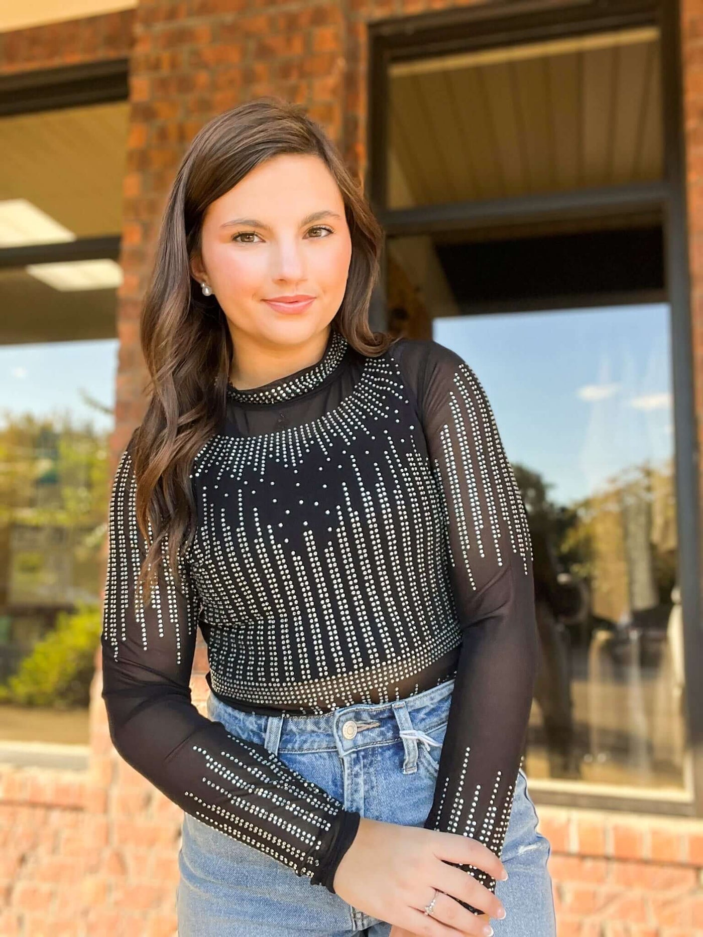 Sheer Rhinestone Long Sleeve Bodysuit-110 - TOPS - LONG SLEEVE-FULL TIME PURCHASE-[option4]-[option5]-[option6]-Leather & Lace Boutique Shop