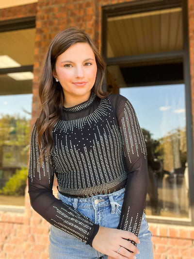 Sheer Rhinestone Long Sleeve Bodysuit-110 - TOPS - LONG SLEEVE-FULL TIME PURCHASE-[option4]-[option5]-[option6]-Leather & Lace Boutique Shop
