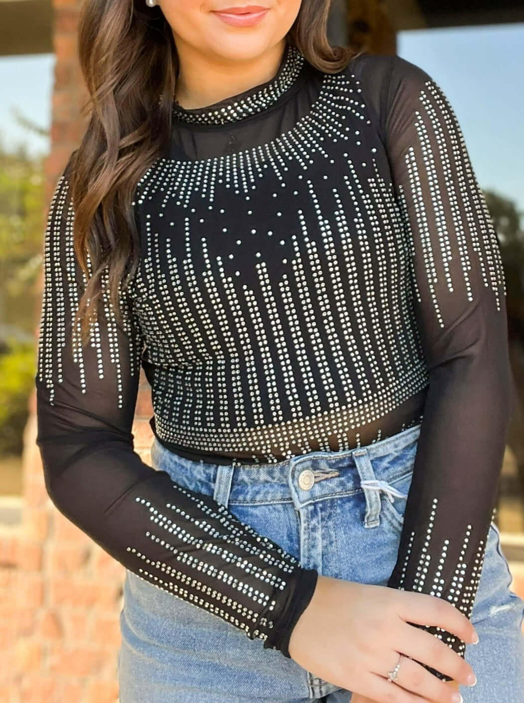 Sheer Rhinestone Long Sleeve Bodysuit-110 - TOPS - LONG SLEEVE-FULL TIME PURCHASE-[option4]-[option5]-[option6]-Leather & Lace Boutique Shop
