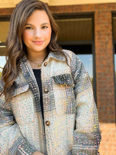 Mocha Sequin Plaid Showstopper Shacket-140 - TOPS - LAYERS/OUTERWEAR-JADYK-[option4]-[option5]-[option6]-Leather & Lace Boutique Shop