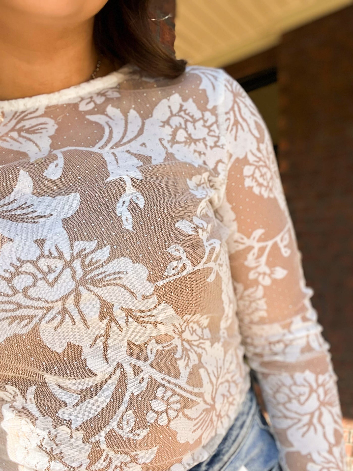 Floral Lace Mesh Bodysuit-110 - TOPS - LONG SLEEVE-CES FEMME-[option4]-[option5]-[option6]-Leather & Lace Boutique Shop