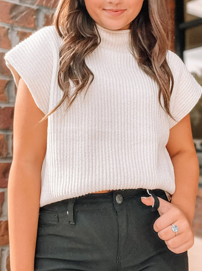 Turtle Neck Power Shoulder Sweater Vest - Cream-100 - TOPS - SHORT SLEEVE/SLEEVELESS-LE LIS-[option4]-[option5]-[option6]-Leather & Lace Boutique Shop