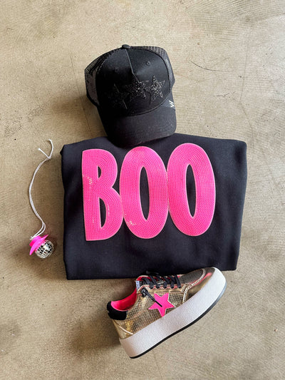 Boo Babe Sequin Sweatshirt - Pink on Black-135 - DEMAND GRAPHIC-LEATHER & LACE-[option4]-[option5]-[option6]-Leather & Lace Boutique Shop