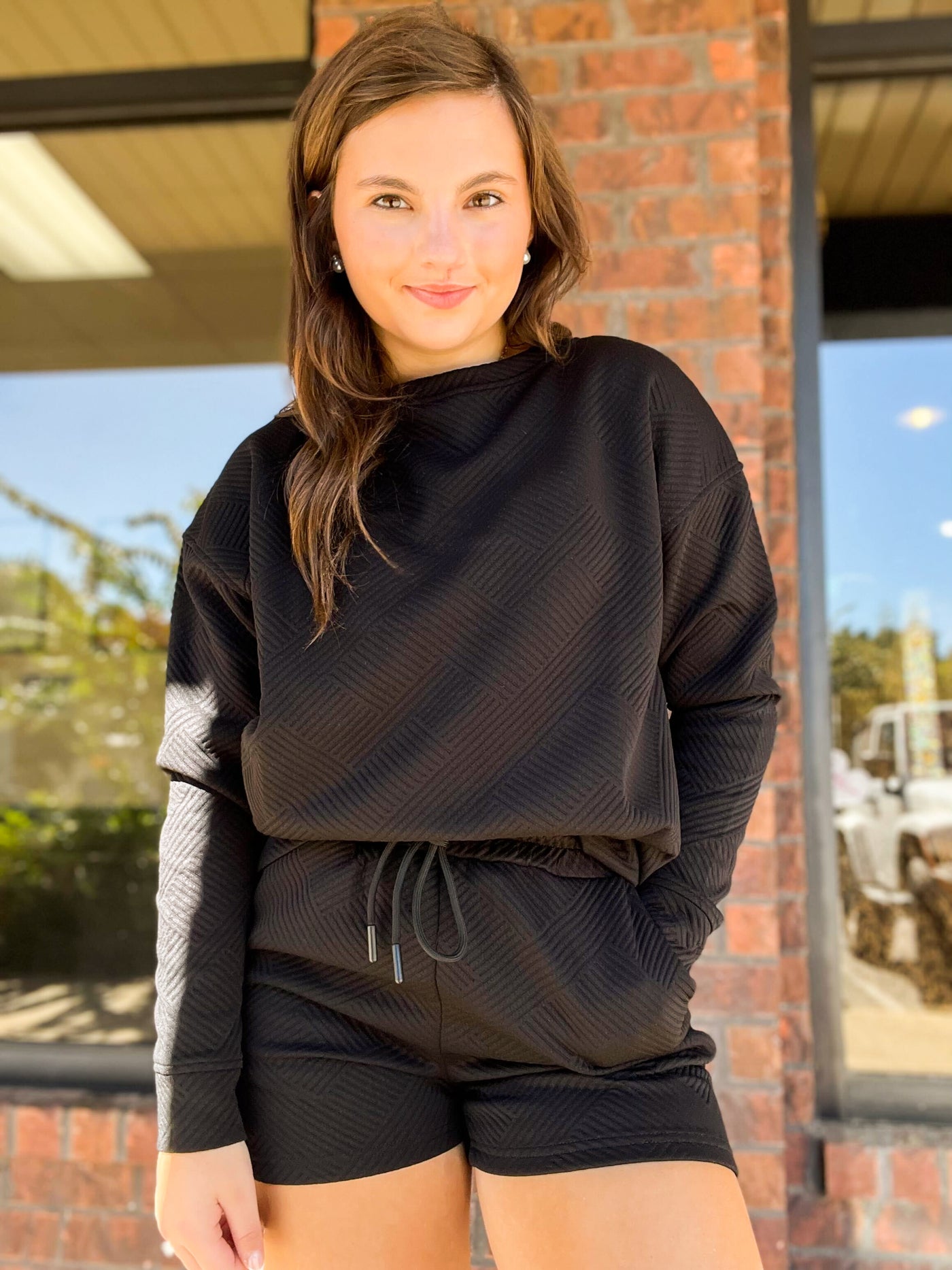 Textured Long Sleeve Set- Black-170 - DRESSES / ROMPERS / SETS-FULL TIME PURCHASE-[option4]-[option5]-[option6]-Leather & Lace Boutique Shop