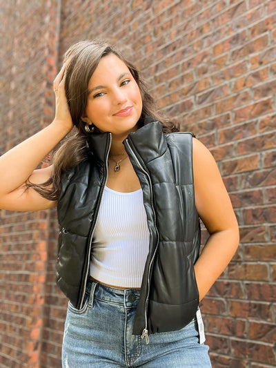 Faux Leather High Neck Puffer Vest - Black-140 - TOPS - LAYERS/OUTERWEAR-UP CLOTHING-[option4]-[option5]-[option6]-Leather & Lace Boutique Shop