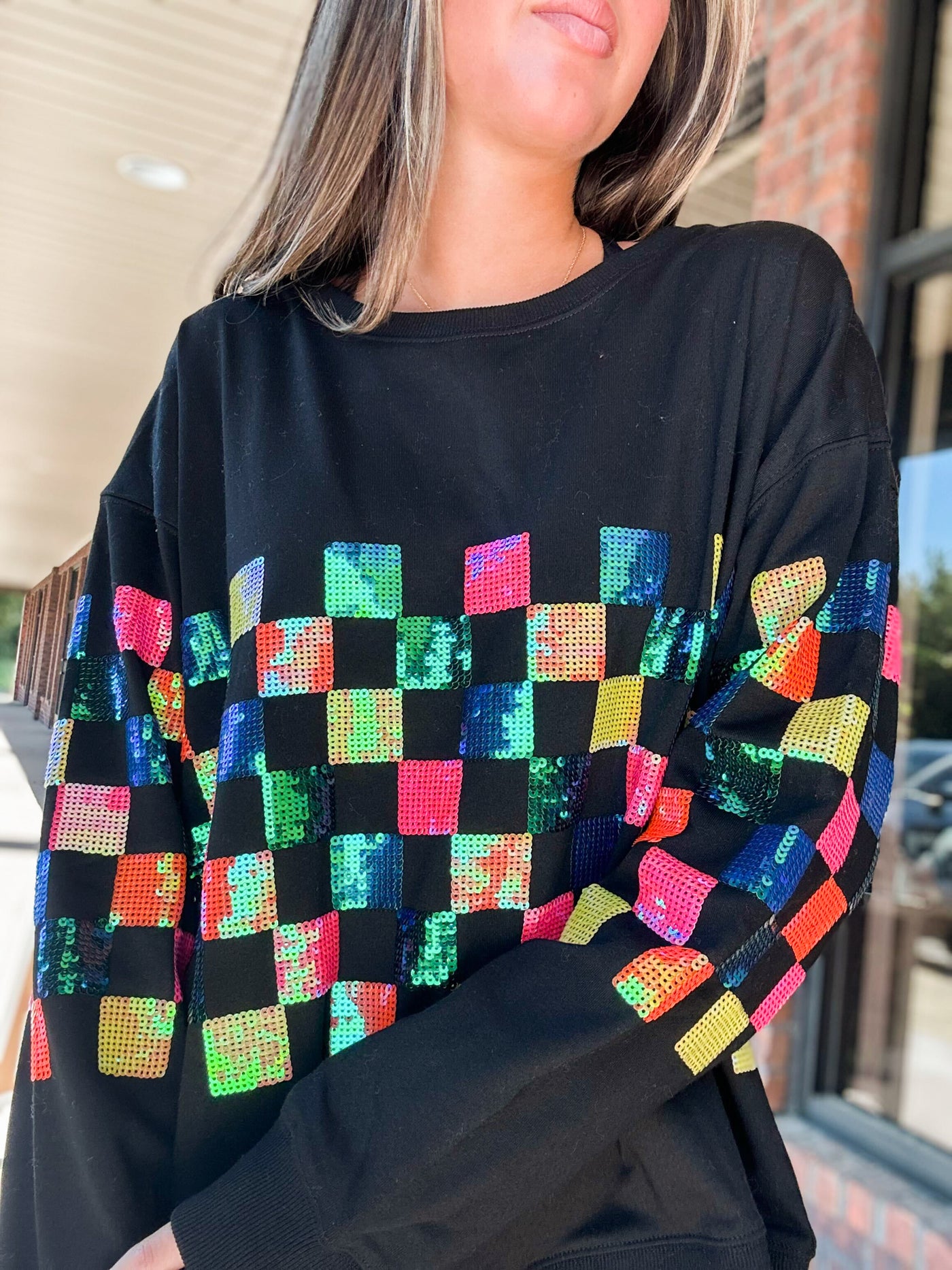 Sequin Checker Board French Terry Pullover-130 - TOPS - SWEATERS/SWEATSHIRTS-FANTASTIC FAWN-[option4]-[option5]-[option6]-Leather & Lace Boutique Shop