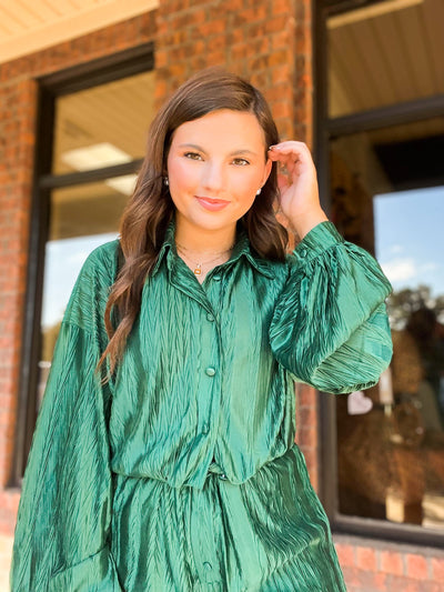 Emerald Pleated Long Sleeve Romper-170 - DRESSES / ROMPERS / SETS-CES FEMME-[option4]-[option5]-[option6]-Leather & Lace Boutique Shop
