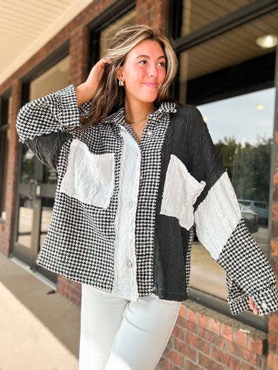 Houndstooth Mixed Textile Shacket-140 - TOPS - LAYERS/OUTERWEAR-POL-[option4]-[option5]-[option6]-Leather & Lace Boutique Shop