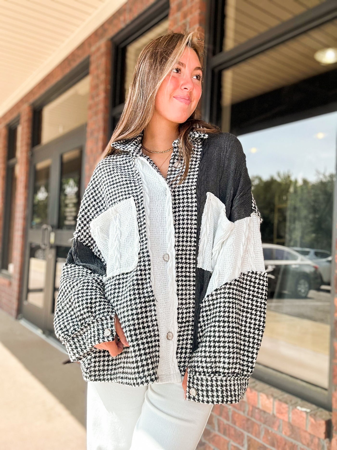 Houndstooth Mixed Textile Shacket-140 - TOPS - LAYERS/OUTERWEAR-POL-[option4]-[option5]-[option6]-Leather & Lace Boutique Shop