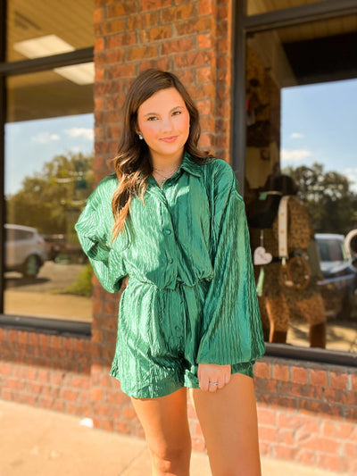 Emerald Pleated Long Sleeve Romper-170 - DRESSES / ROMPERS / SETS-CES FEMME-[option4]-[option5]-[option6]-Leather & Lace Boutique Shop