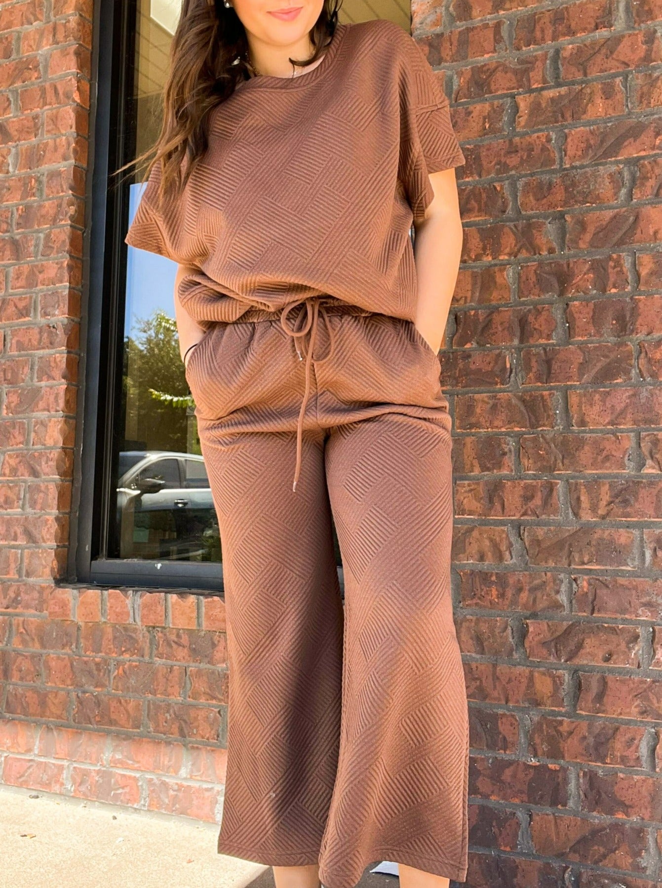 Textured Tee & Pants Set- Brown-170 - DRESSES / ROMPERS / SETS-FULL TIME PURCHASE-[option4]-[option5]-[option6]-Leather & Lace Boutique Shop