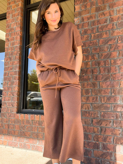 Textured Tee & Pants Set- Brown-170 - DRESSES / ROMPERS / SETS-FULL TIME PURCHASE-[option4]-[option5]-[option6]-Leather & Lace Boutique Shop
