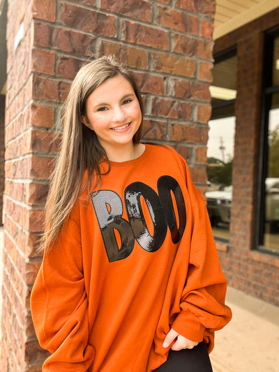 Boo Babe Sequin Sweatshirt - Black on Orange-135 - DEMAND GRAPHIC-LEATHER & LACE-[option4]-[option5]-[option6]-Leather & Lace Boutique Shop