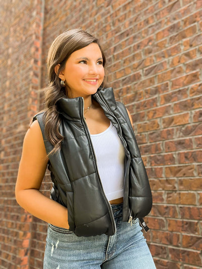 Faux Leather High Neck Puffer Vest - Black-140 - TOPS - LAYERS/OUTERWEAR-UP CLOTHING-[option4]-[option5]-[option6]-Leather & Lace Boutique Shop