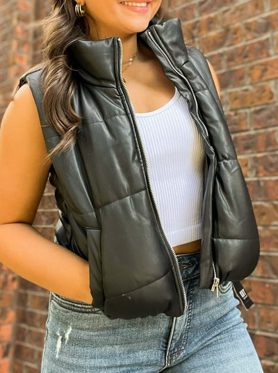 Faux Leather High Neck Puffer Vest - Black-140 - TOPS - LAYERS/OUTERWEAR-UP CLOTHING-[option4]-[option5]-[option6]-Leather & Lace Boutique Shop