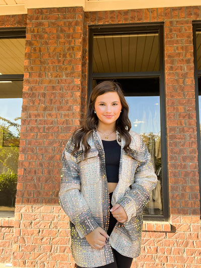 Mocha Sequin Plaid Showstopper Shacket-140 - TOPS - LAYERS/OUTERWEAR-JADYK-[option4]-[option5]-[option6]-Leather & Lace Boutique Shop