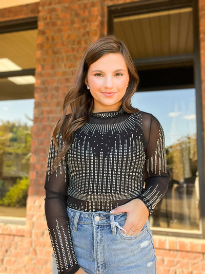 Sheer Rhinestone Long Sleeve Bodysuit-110 - TOPS - LONG SLEEVE-FULL TIME PURCHASE-[option4]-[option5]-[option6]-Leather & Lace Boutique Shop