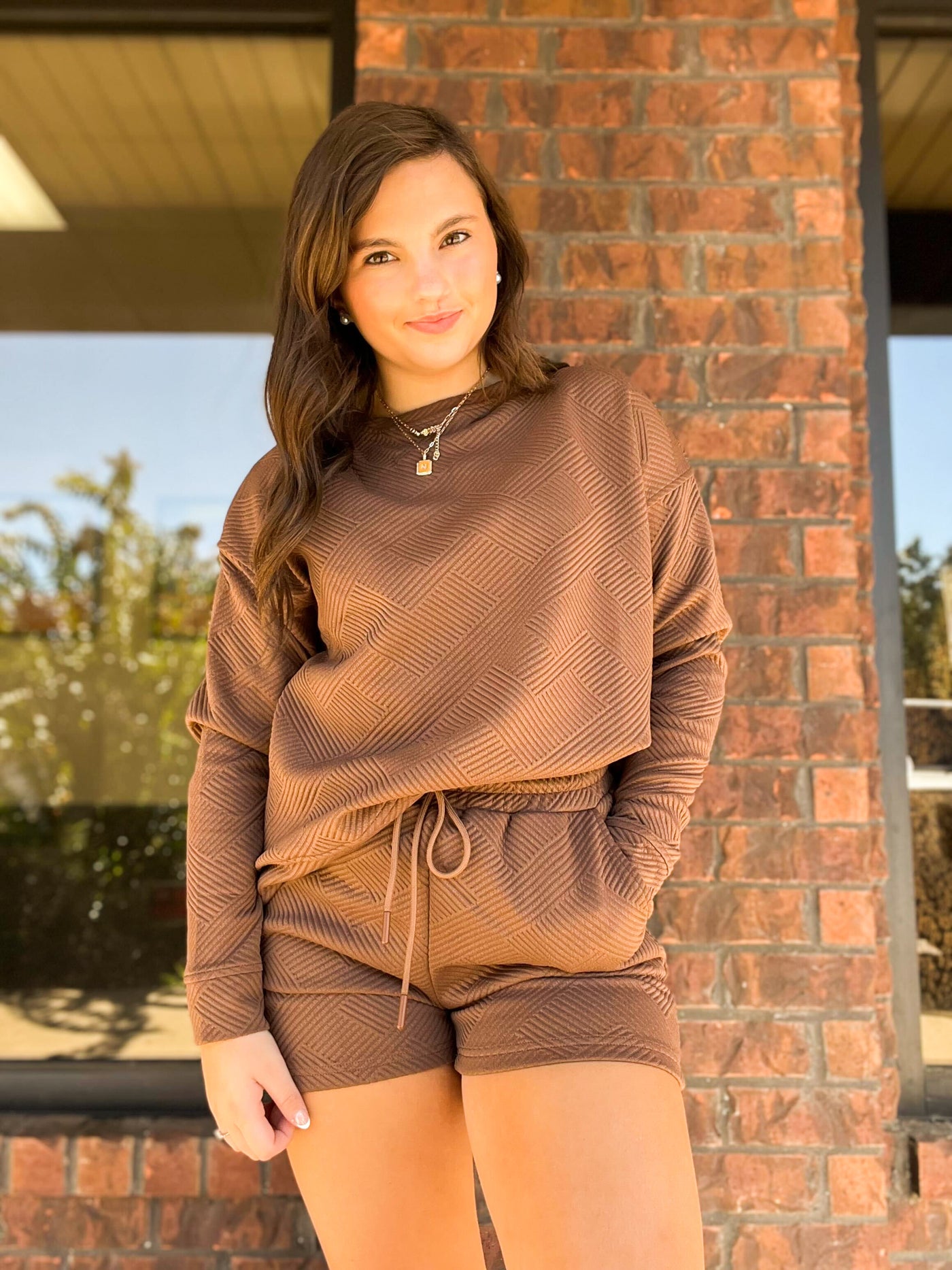 Textured Long Sleeve Set- Brown-170 - DRESSES / ROMPERS / SETS-FULL TIME PURCHASE-[option4]-[option5]-[option6]-Leather & Lace Boutique Shop