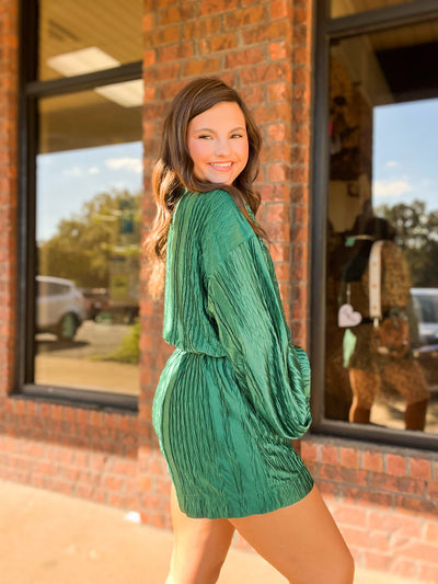 Emerald Pleated Long Sleeve Romper-170 - DRESSES / ROMPERS / SETS-CES FEMME-[option4]-[option5]-[option6]-Leather & Lace Boutique Shop